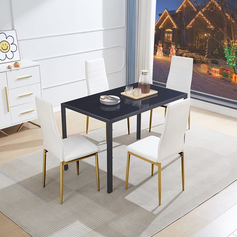 4 - Person Dining Set, White/Gold, Black