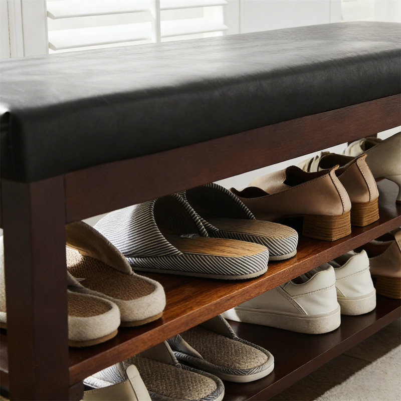 Multi-Purpose Entryway Bench With Cushion & 2-Tier Shoe Storage, Brown/Black