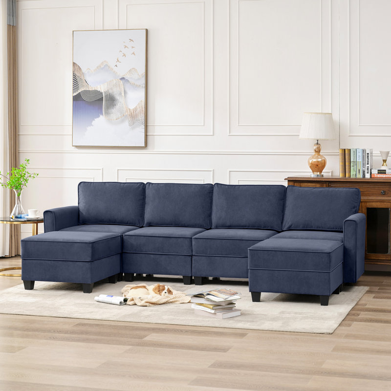 Canapé modulaire rembourré 7 pièces Zellar, Velours bleu marine