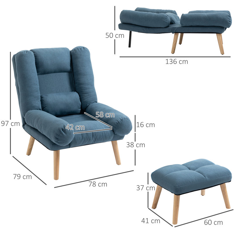 Marianne Recliner with Footstool, Reclining Chair with Adjustable Back, Blue