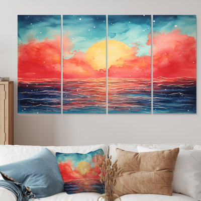 «Lake at Symphony Of Sunrise - Minimalisme abstrait», ensemble de 4 pièces d'art mural