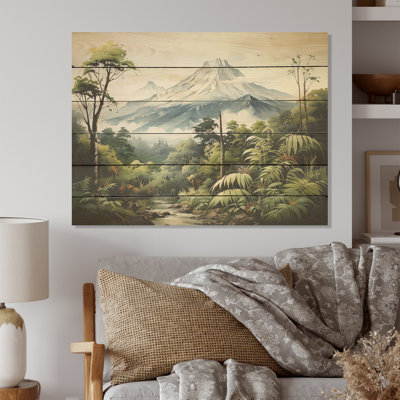 Jungle Volcano Paradise - Fougères, art mural sur bois de pin naturel