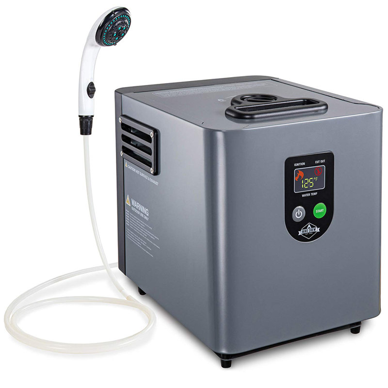 Compact Gray Portable Propane Water Heater with Shower Pump