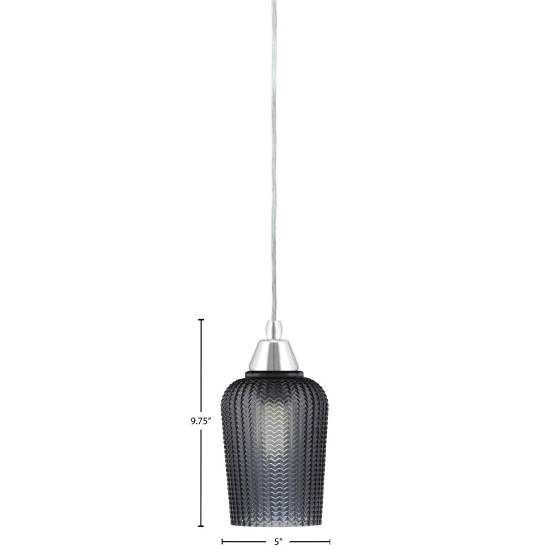 Mini-luminaire suspendu tout verre avec verre texturé de 5 po, Noir / transparent, Chrome, Fumée