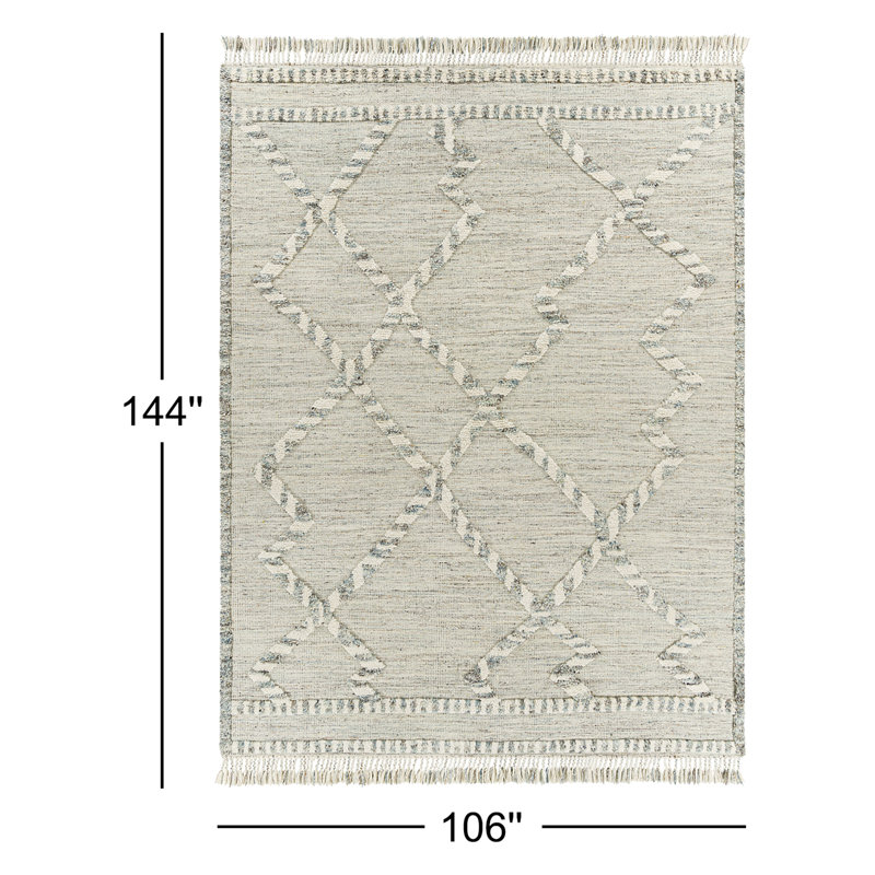 Tapis gris clair / ivoire en laine noué à la main Vikarm, Rectangle 8 pi 10 po x 12 pi