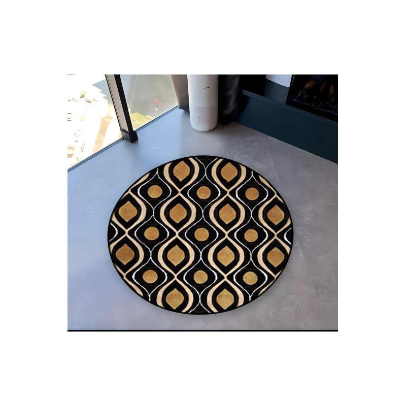 Black Beige Theme Ethnic Motif Patterned Round Woven Base Vintage Decorative Carpet, Round 3'4"