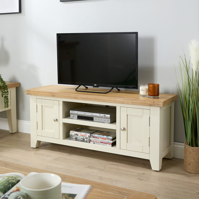 Cooksey Fully Assembled 2 Door Cabinet TV Stand with Media Shelves, White/Wood