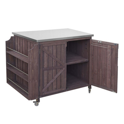 Mobile Outdoor Kitchen Island With Stainless Steel Top, Spacious Storage Cabinet, Adjustable Shelf, Three-Tier Side Shelving, And Four Lockable Wheels For Versatile Food Prep And Grilling.