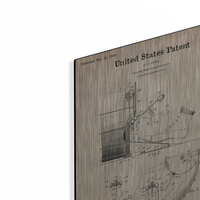 «Drum and Cymbal Blueprint Brevet Parchment», art mural en métal, H 16 po x l 12 po