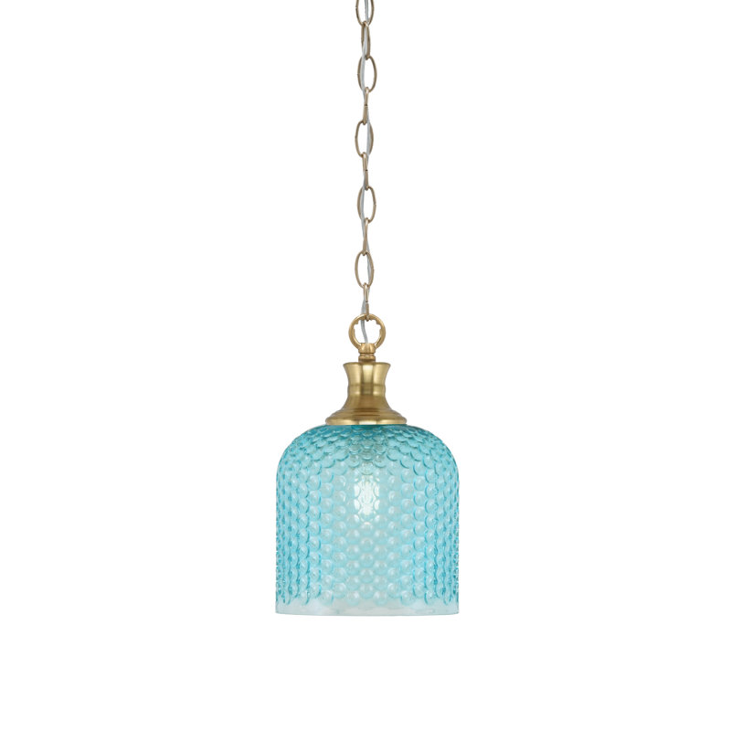 Luminaire suspendu à chaîne Quapaw avec verre texturé turquoise de 7 po, Laiton New Age