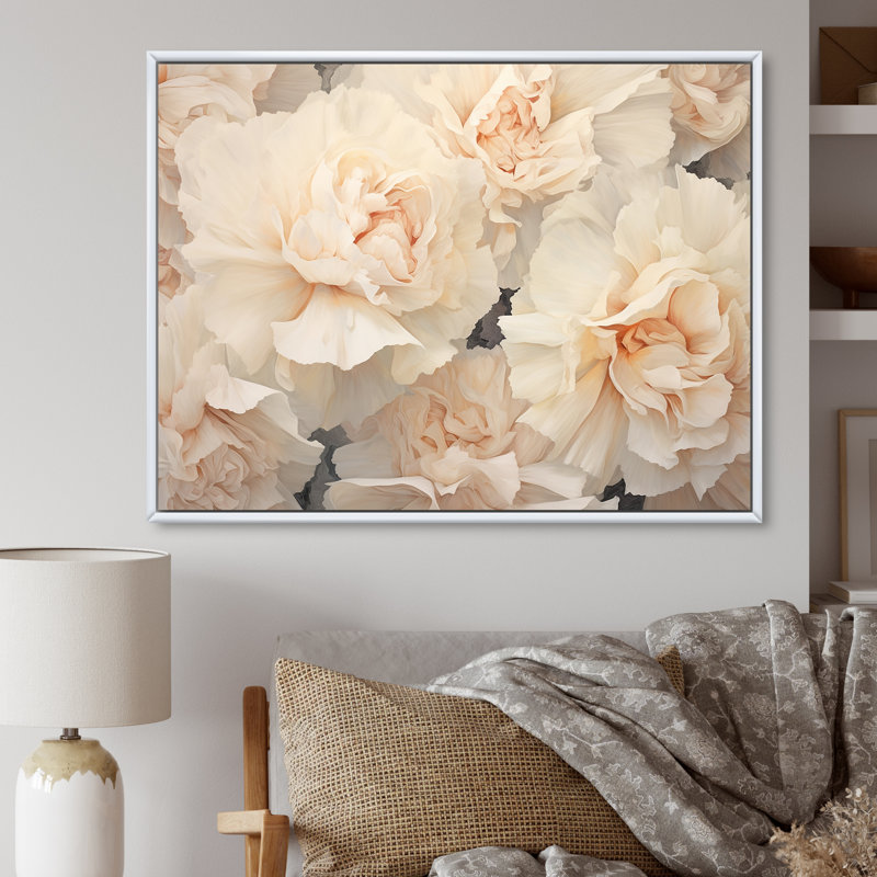 Arrangement d'œillets beige V sur toile, H 30 po x l 40 po x P 1,5 po, Cadre flottant blanc