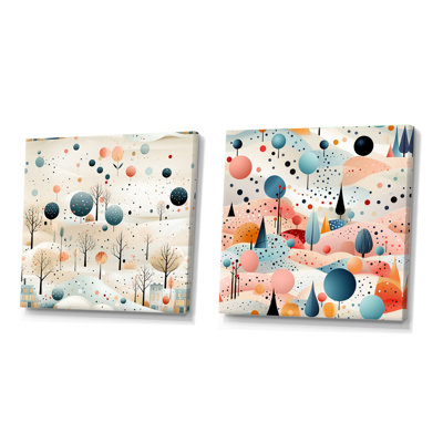 Ensemble de 2 collages carrés gris et bleu à motif de pokas rétro - paysages abstraits