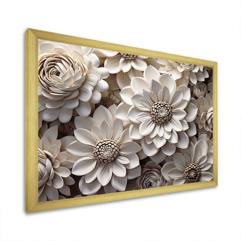 Représentation transparente de zinnias blancs sur toile, Cadre doré simple, H 30 po x l 40 po x P 1,5 po