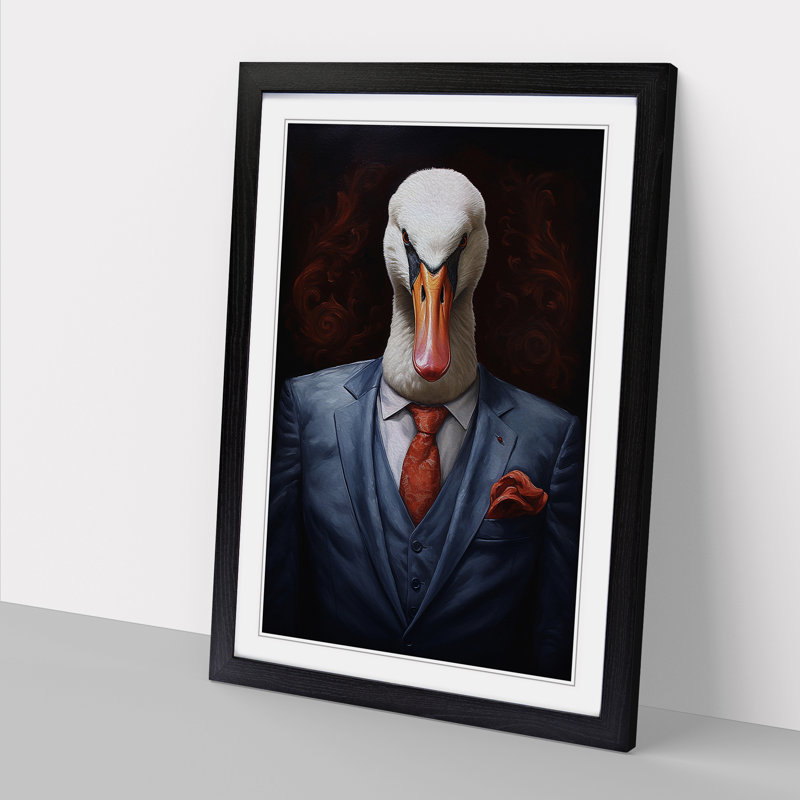 Swan in a Suit Painting - Framed Print, 46cm H x 34cm W x 2cm D, Black
