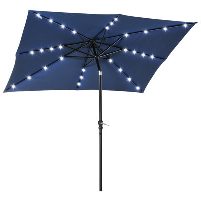 Parasol solaire bleu avec lumières à DEL, inclinaison et manivelle, pour les espaces extérieurs tels que le patio, le jardin, la terrasse, la cour, la piscine, le parasol de plage, 9 pi x 7 pi et la manivelle