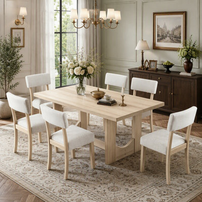 7-Piece Dining Table Set for 6, Spacious Table with 6 Ergonomic Linen Upholstered Chairs, Modern Japandi Farmhouse Design