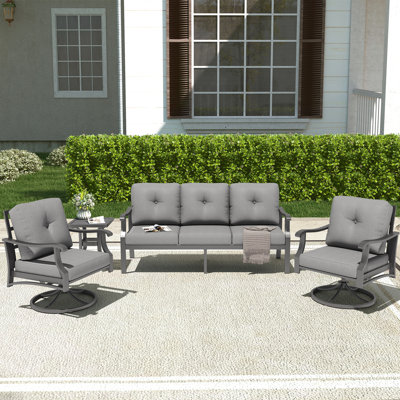 4 Piece Aluminum Outdoor Patio Furniture Set, 3-Seat Sofa & 2 Swivel Rocking Chairs With Side Table, Patio Conversation Set With 5" Thick Cushions For Backyard, Poolside, Garden