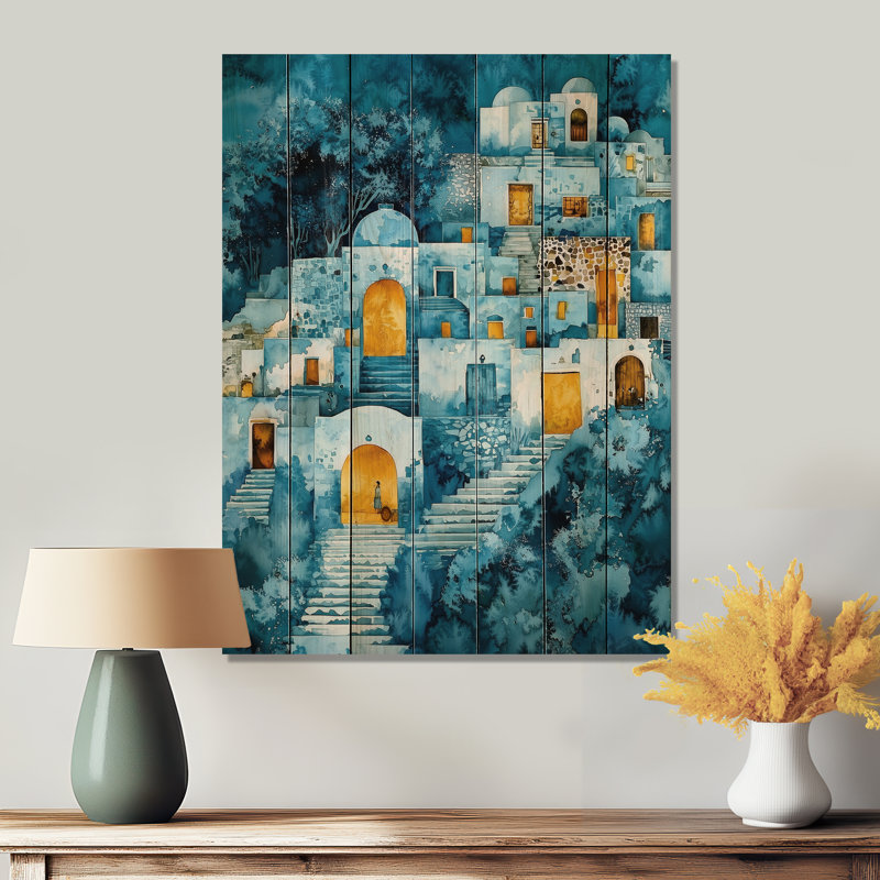 Village mexicain de nuit II - art mural en bois sur bois de pin naturel, H 40 po x l 30 po