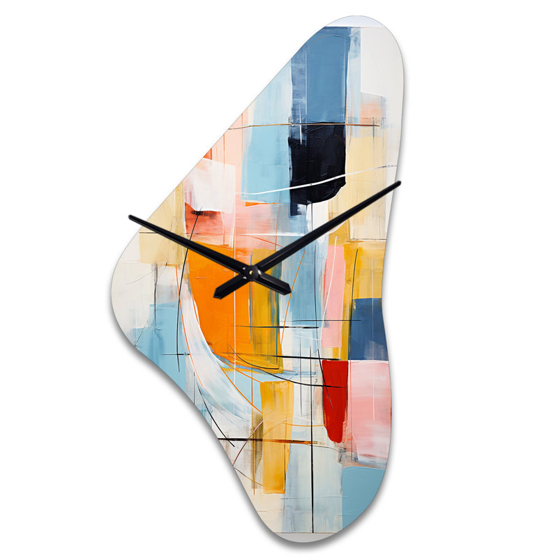 Milar rose, bleu, milieu du siècle, contrastes colorés - horloge murale asymétrique moderne en métal de style Mid-Century, rose