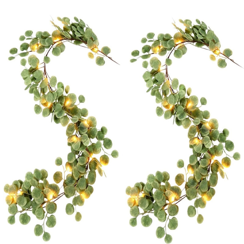 Paquet de 2 guirlandes d'eucalyptus artificiel éclairé 6,2 pi, lot de 2 vignes chaudes de verdure à DEL pour le mariage, la maison et la décoration murale