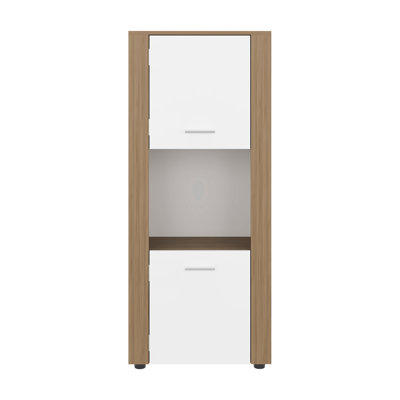 Natural Oak And White Vertical Storage Cabinet For Dining Areas, Maximizes In Limited Living Areas Modern Design With Horizontal Display Primary Spaces, Enhances Organization Tight Spaces