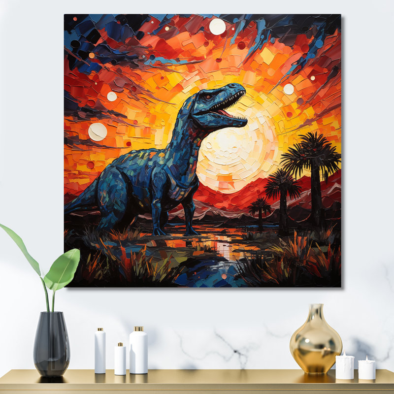 Coucher de soleil de dinosaure rouge et jaune II - art de mur de dinosaure, Toile tendue, H 16 po x l 16 po x P 1 po