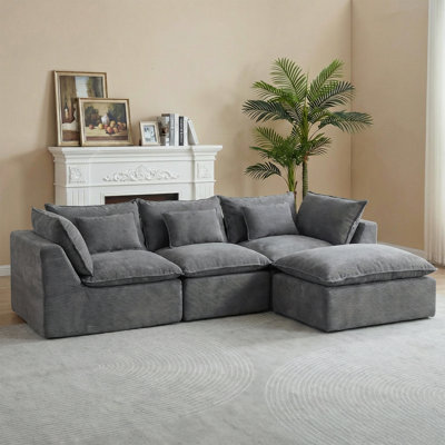102.3" W No Assembly Required Compression Velvet Sectional Sofa with 1 Ottoman, Modern Deep Seat Velvet 3-Seater Cloud Couch