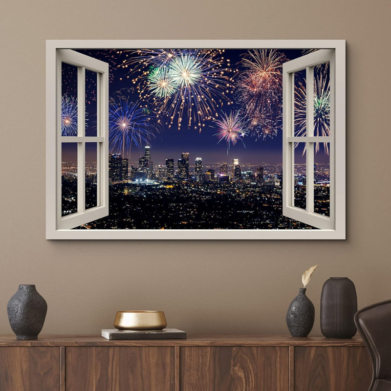 «Window View Vibrant, 4 juillet, feu d'artifice, ciel, célébrations et vacances, images de la nature, paysage» sur toile