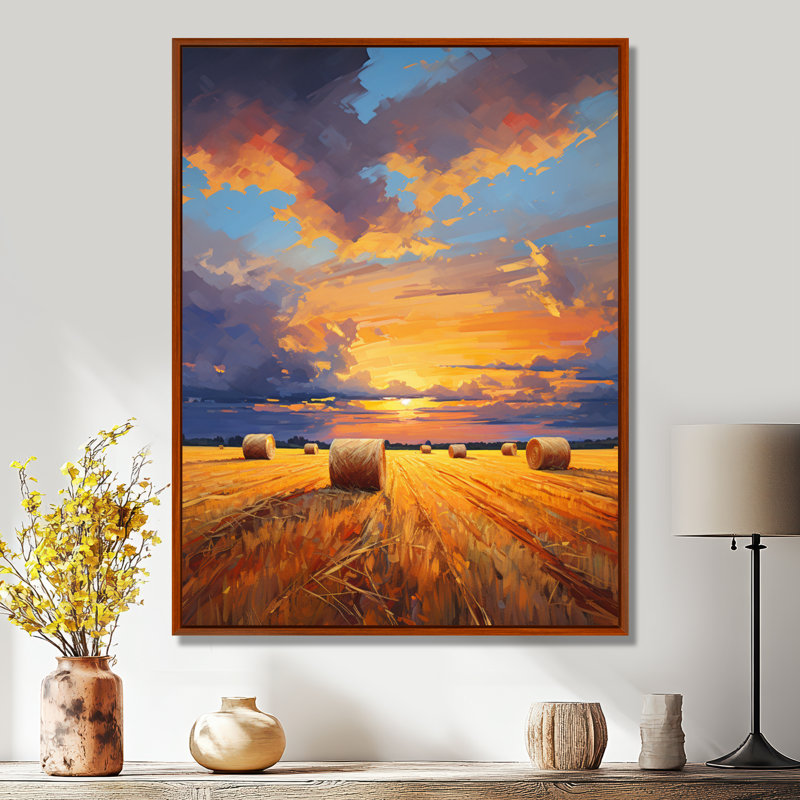 «Straw Bales On The Summer Sunset», art mural prairies, H 32 po x l 24 po, Cadre flottant brun, bois massif