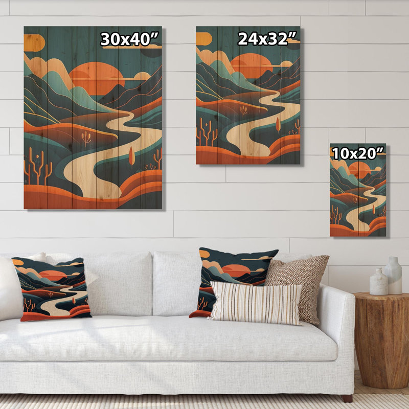 «Pine Tree In Graphic Terra Cotta Mountains II - Landscape Mountains», reproduction d'art murale, Bois enveloppé