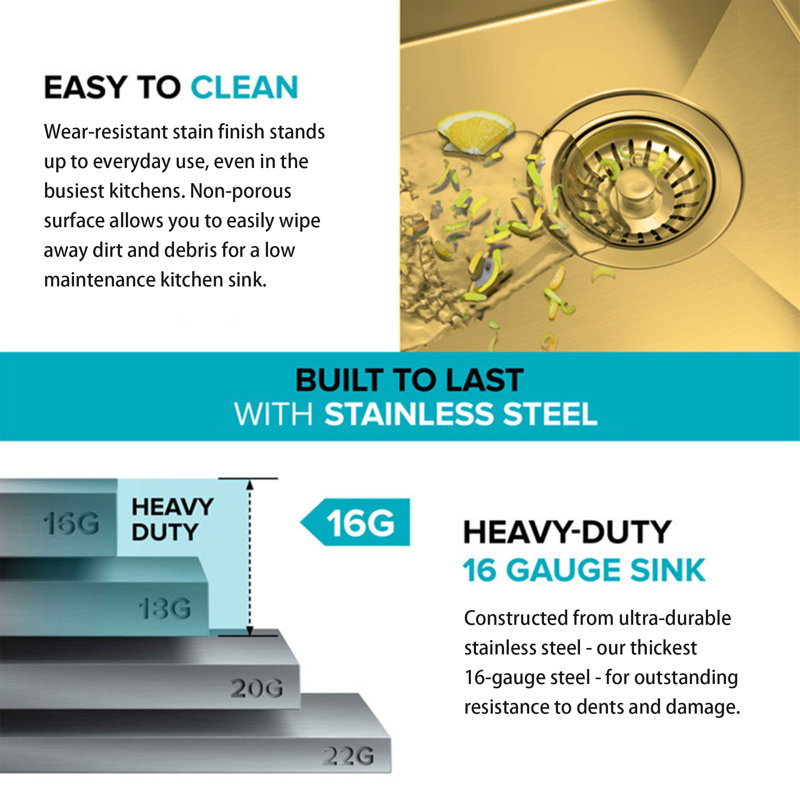 HIGOLD 27 Inch Single Bowl Undermount Kitchen Sink,Stainless Steel PVD Nano Gold Drop In Sink 27"×18"×10", Gold