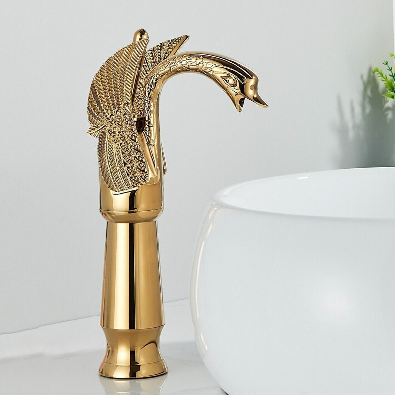 Adasu Gold Swan Bathroom Sink Vessel Faucet Single Handle Waterfall Basin Vanity Mixer
