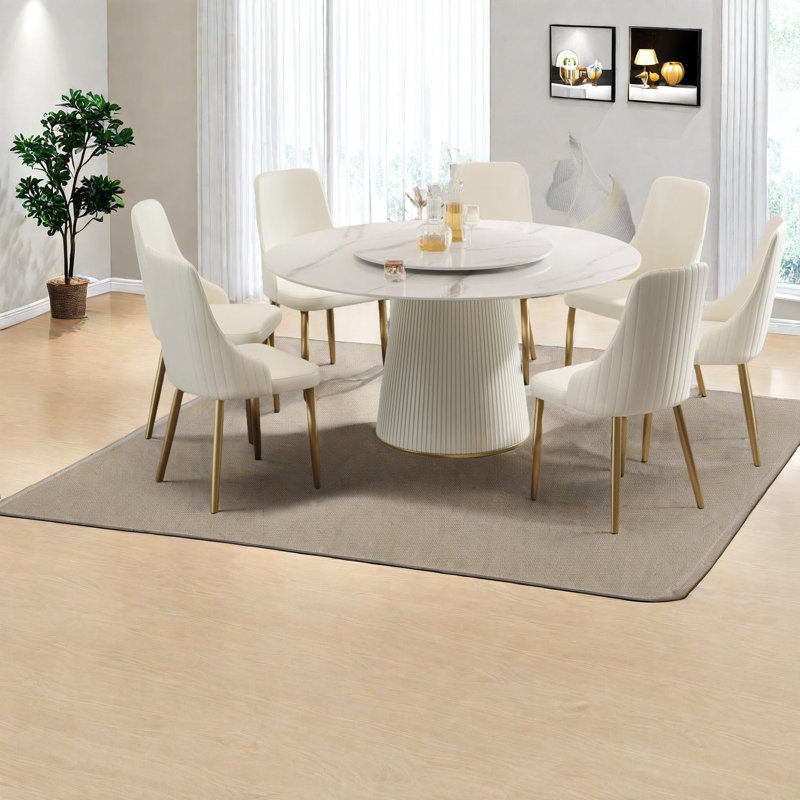 Ensemble de table de salle à manger moderne avec 8 chaises, plateau en pierre frittée blanche