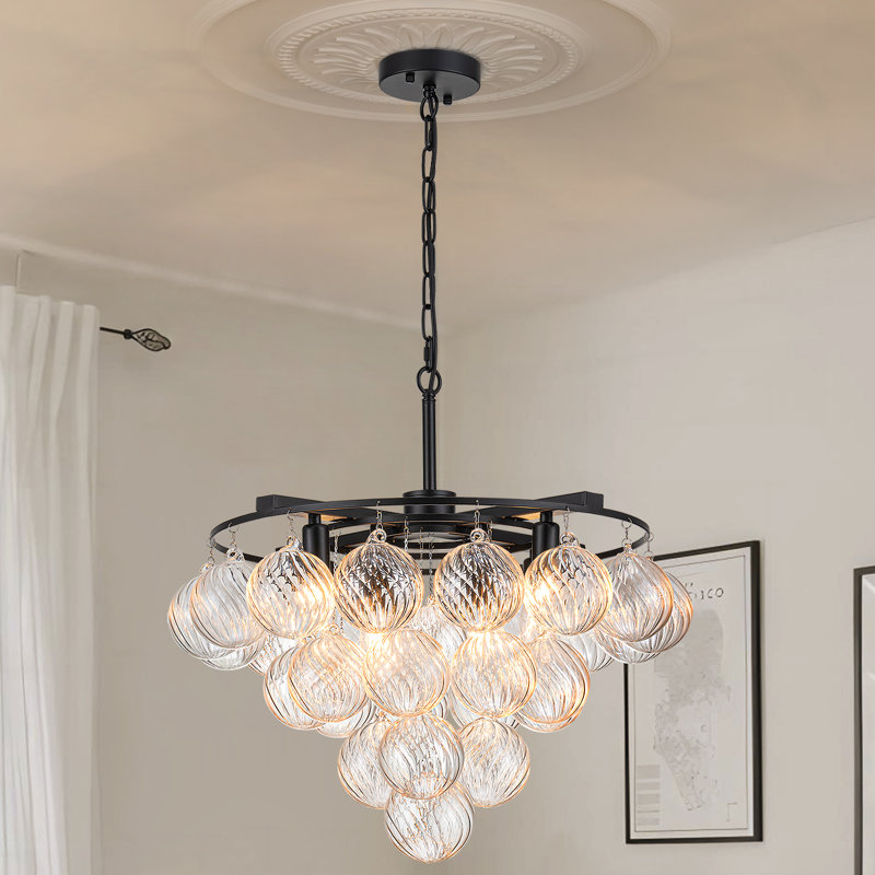 Yader 8 - Light Dimmable Tiered Bubble Chandelier with Textured Globe Glass, Matte Black