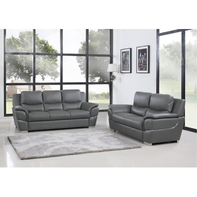 Two Piece Indoor Gray Genuine Leather Five Person Seating Set Two Piece Indoor Gray Genuine Leather Five Person Seating Set