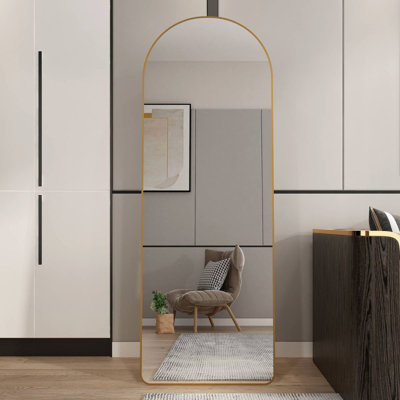 The 4St Generation Of Floor Mounted Full Length Mirrors. Aluminum Alloy Metal Frame Arched Wall Mirror, Bathroom Makeup Mirror, Bedroom Porch, Clothing Store.Gold Frame.64.9 "* 23.2"