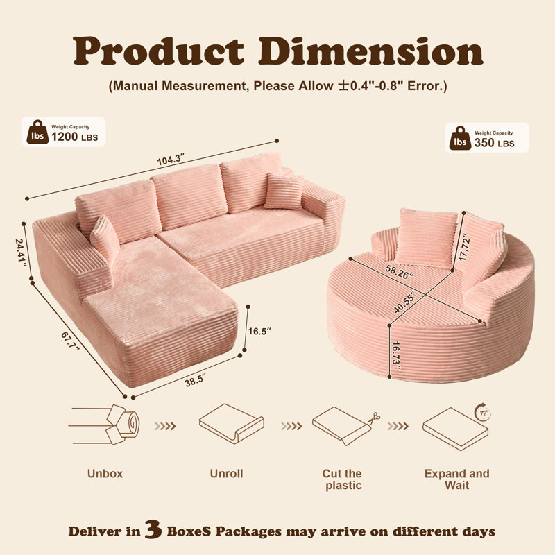3-piece No-assembly Living Room Set, Modern Sectional Sofa With Loveseat And Chaise Lounge, Left Hand Facing, Pink Corduroy