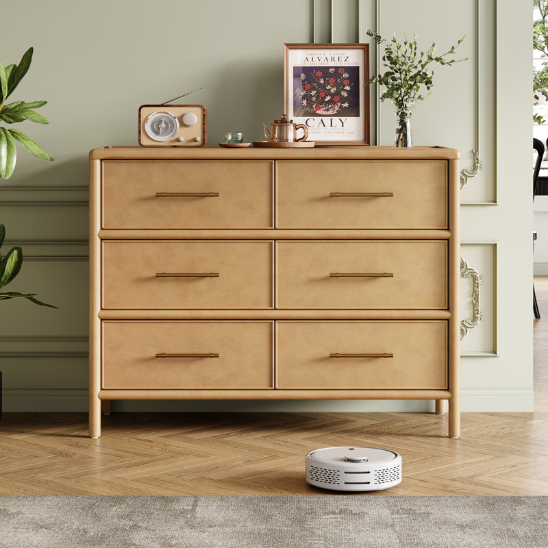 Calden Modern Glam Acacia Wood Storage Cabinet With 6 Drawers And Sleek Metal Hardware, Natural