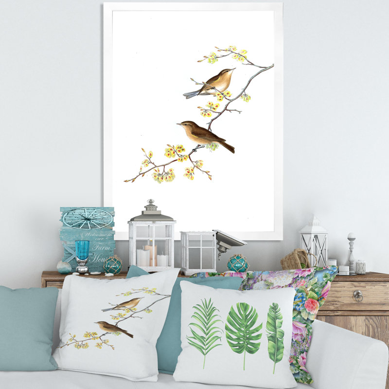 «Little Birds On The Tree Branches II», peinture sur toile, H 40 po x l 30 po x 1,5 po, Cadre blanc