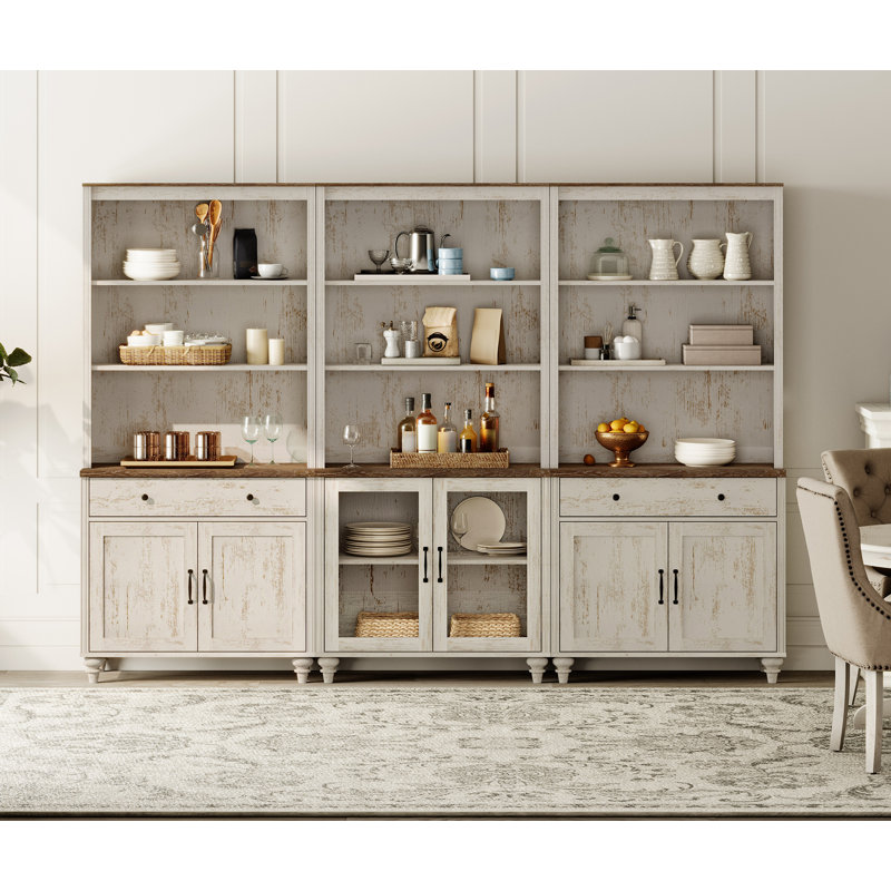 Sideboard Cabinet With Bar Hutch, Buffet Cabinet With Glass Doors, 3 Tier Shelves And Wood Storages, Rustic White, 101''
