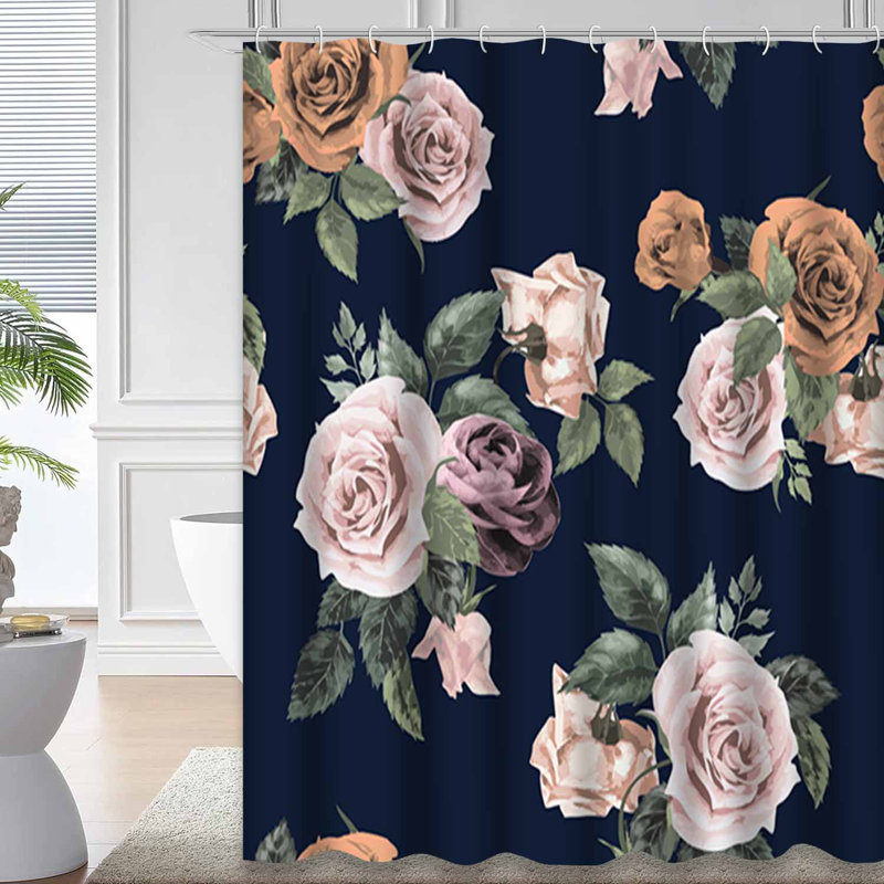 Rideau de douche imperméable à l'eau avec aquarelle florale et rose foncé avec 12 crochets, L 72 po x l 78 po