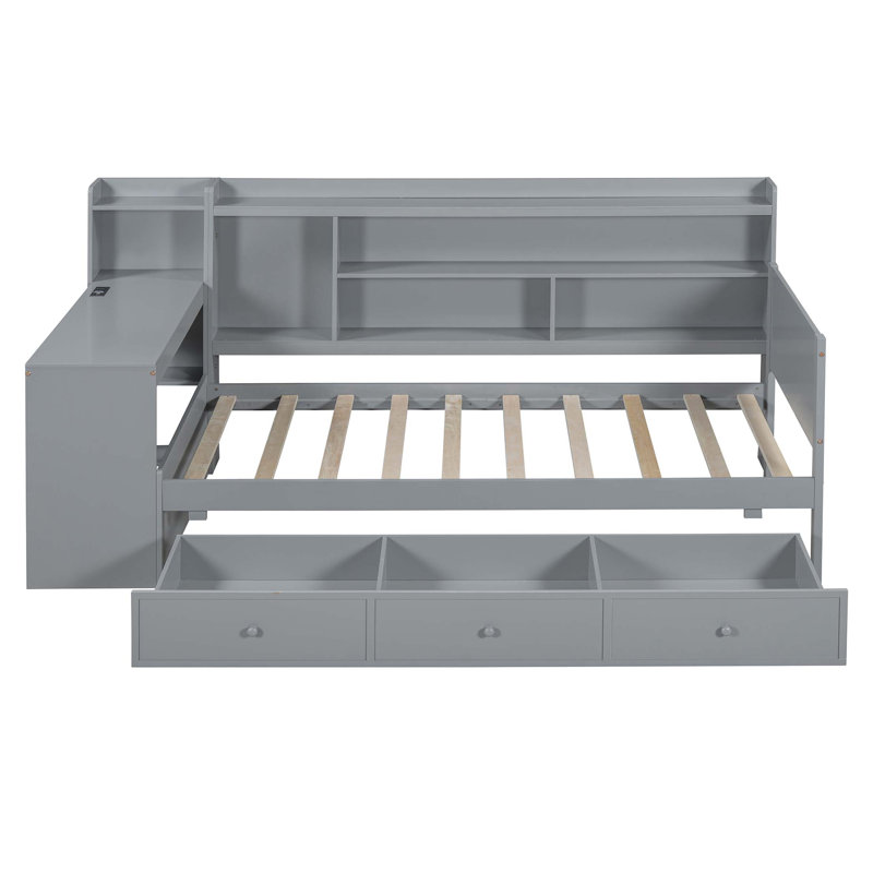 Lit de jour en bois avec 3 tiroirs, ports USB et bureau, Lit simple, Gris
