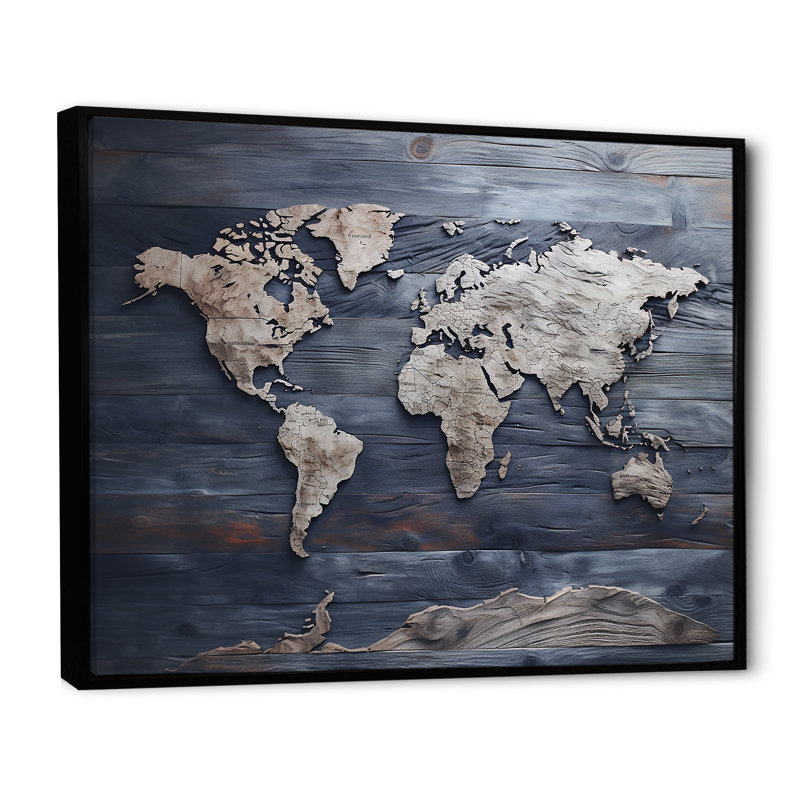 Carte du monde rustique - impression de décoration murale carte du monde, H 34 po x l 44 po x P 1,5 po, Cadre flottant noir