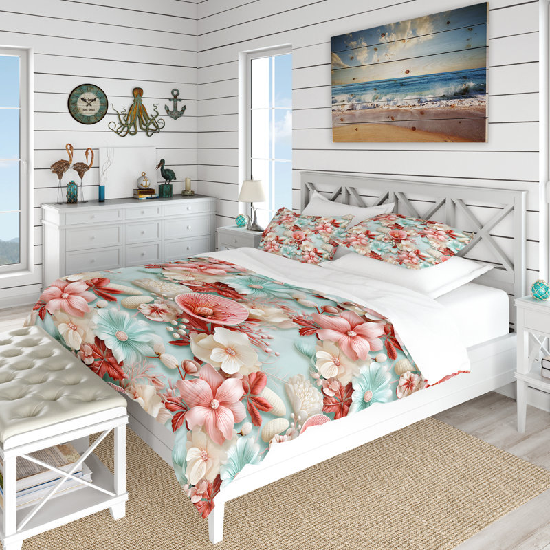Literie à motif tropical Seashell Whispers, Housse de couette pour très grand lit et 2 très