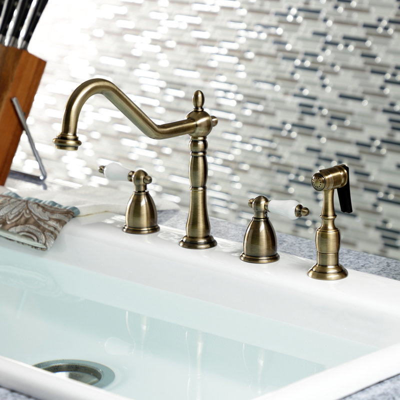 Kingston Brass Heritage Double-Handle Widespread Kitchen Faucet, Vintage Brass, With Spray