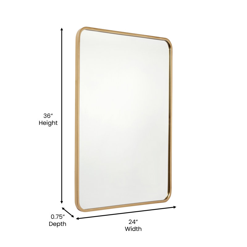Arelly Wall Mount Shatterproof Rectangular Accent Wall Mirror with Metal Frame and Rounded Corners, Gold, 36" x 24"