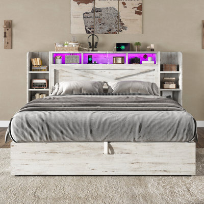Shila 45.1" Lift Up Storage Bed Frame with Charging Station & LED Bookcase Headboard,2 Side Shelf, Farmhouse