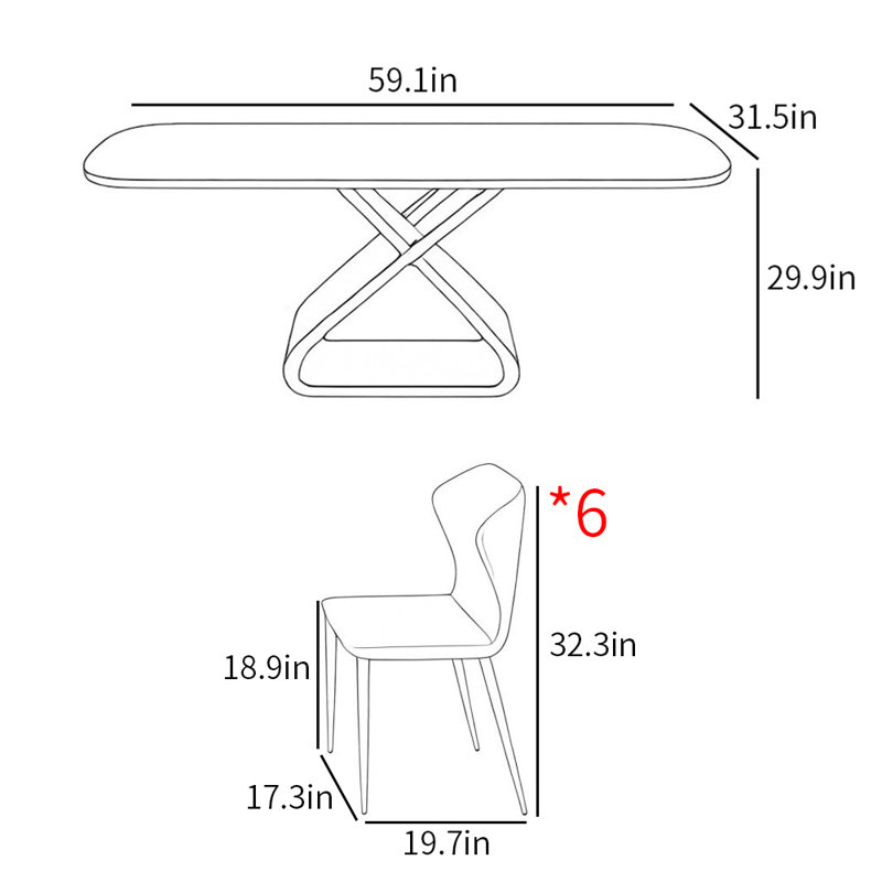 Light luxury modern style dining table sets, 29.5”H x 59.1”L x 31.5”W