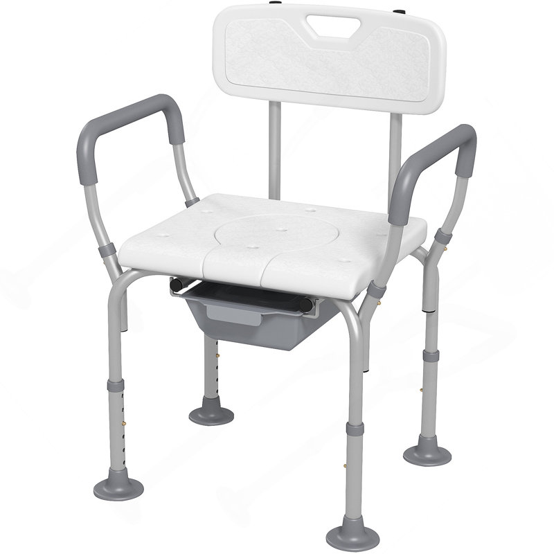 Chaise de douche avec dossier et accoudoirs, commode de chevet à hauteur réglable, siège de toilette surélevé pour plus de confort et de sécurité pour les personnes âgées et les personnes à mobilité réduite