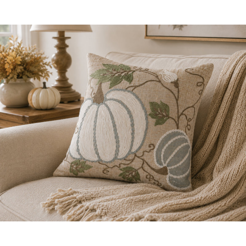  Harvest Pumpkins And Vines Crewel Embroidered Fall Pillow, 14 By 14-Inch